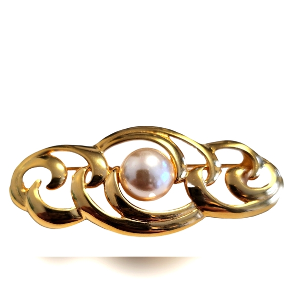 Vintage Signed Napier Swirled Gold Pin Brooch with Pearl Center - 2-1/2" long - Picture 1 of 3